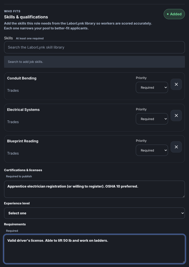 Step 3, Skills and qualifications, with skills added.