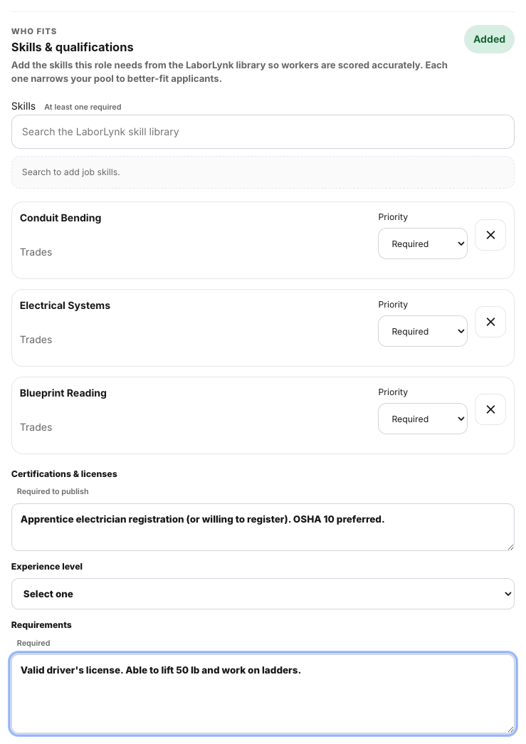 Step 3, Skills and qualifications, with skills added.