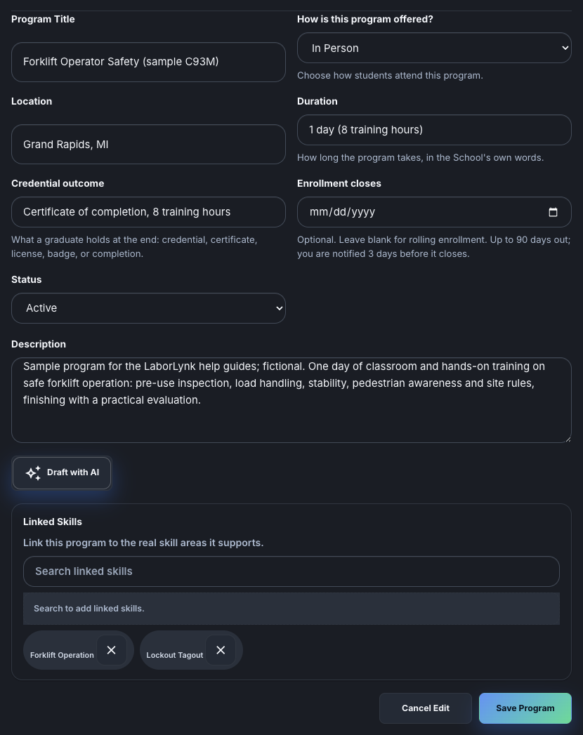 The description, linked skills and status fields filled in.