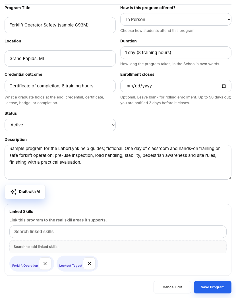 The description, linked skills and status fields filled in.