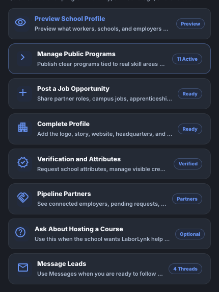 School Actions on Workspace Home with Manage Public Programs highlighted.