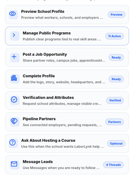School Actions on Workspace Home with Manage Public Programs highlighted.