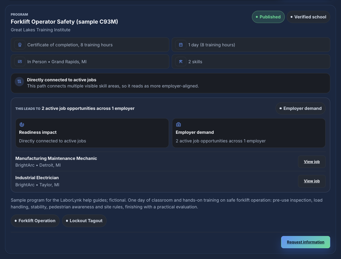 The public school page showing the new program.