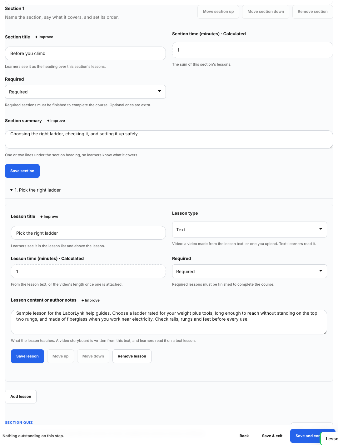 Build lessons with one section and one lesson saved.
