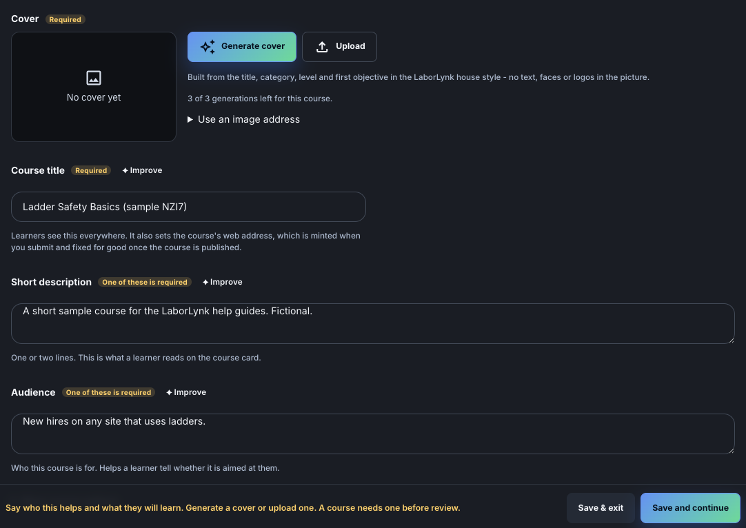 Step 1, Course details, with the title, description, audience and trade filled in.