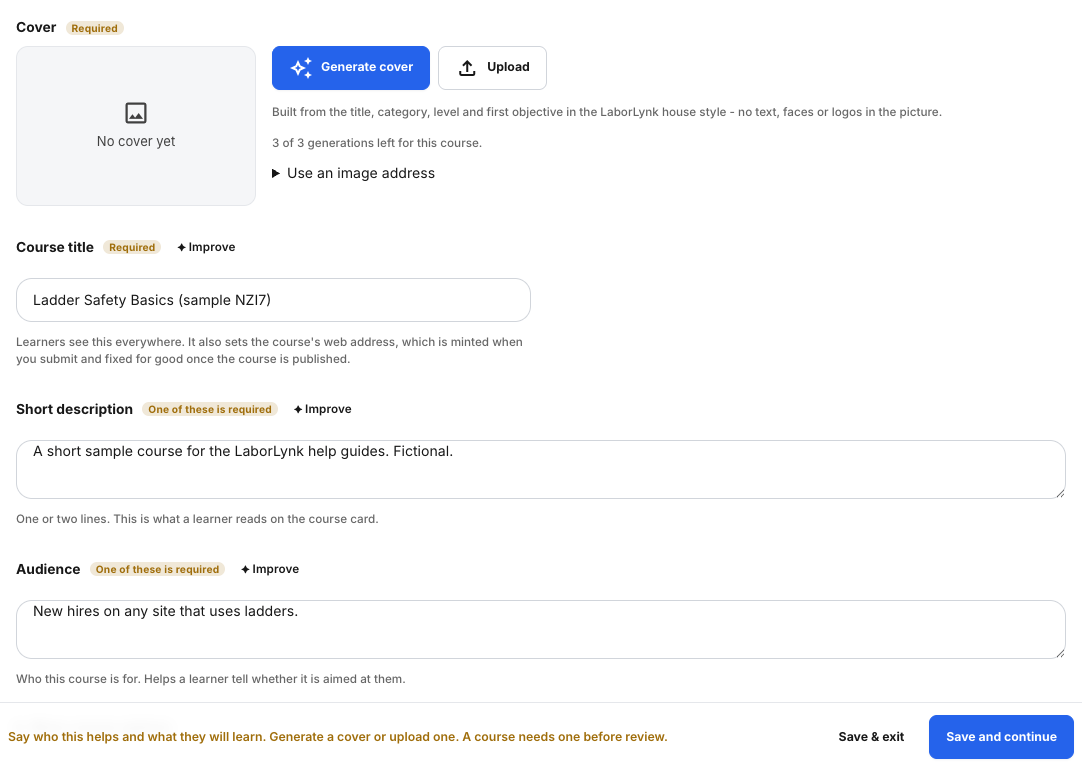 Step 1, Course details, with the title, description, audience and trade filled in.