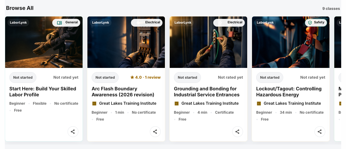 The Learn page with course cards.