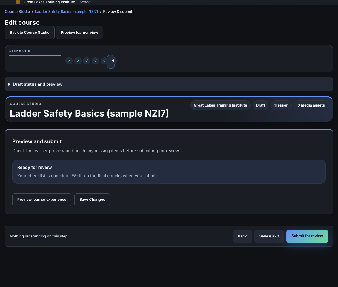 Review and submit with the checklist complete and the Submit for review button.