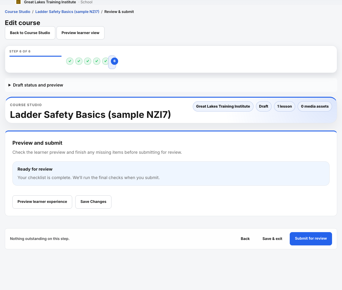 Review and submit with the checklist complete and the Submit for review button.