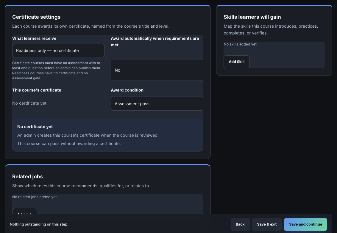 Step 5, Completion, with certificate settings, skills and related jobs.