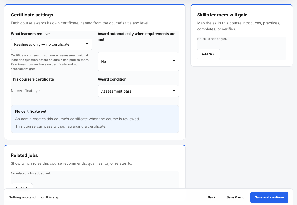 Step 5, Completion, with certificate settings, skills and related jobs.